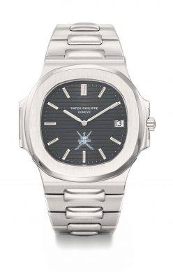 This exceptionally rare automatic wristwatch was made for the Sultanate of Oman. Signed Patek Philippe, its dial is one of only two confirmed examples of the brand’s Nautilus model – designed by Gerald Genta - in stainless steel. Made to special order for the Royal household, the masculine and eye-catching creation proudly boasts the national emblem of Oman – a traditional Khanjar dagger is depicted in an opulent sheath, which is then superimposed upon two crossed swords