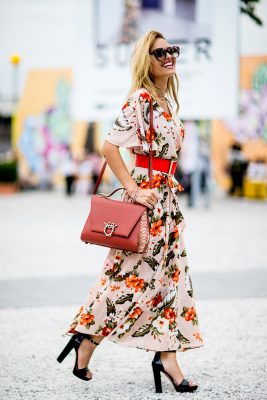 A floral summer dress is always chic. Counterbalance extra floaty styles by cinching in with a wide waist belt.