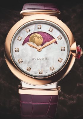 Bulgari’s experiments with time often play within the distance between earth and space. The 18-karat pink or white gold, mother-of-pearl Lvcea timepiece boasts a plum-hued sky that hosts a delicately gilded moon, which is surrounded by a crown set with cabochon-cut pink stones and brilliant-cut diamonds. Decorated and finished in the finest Swiss traditions, a world outside of ours may not be a destination that tops your summer holiday list, but this spectacular creation sure gets you pondering.
