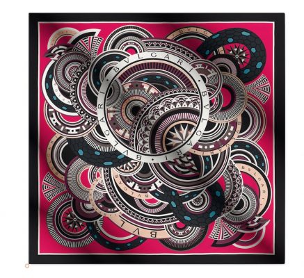 Scarves feature circular motifs inspired by the figurative arts as well as House signatures such as the serpent Diva fan pattern.