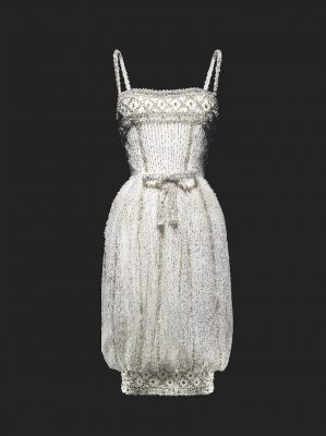 Armide short evening dress in white tulle embroidered with silver paillettes, haute couture autumn/winter 1959, 1960 line. Photo by Laziz Hamani