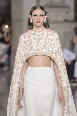 The Midriff: Georges Hobeika, a Beirut-born brand that still has its main atelier in Lebanon, used featherweight chiffons and ornate fabrics to achieve seamless tailoring that harks back to Medieval beauty. The midriff takes centre stage in the autumn/winter collection, and works thanks to a modest neckline and form-fitted skirt.