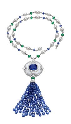 High jewellery necklace in platinum with rock crystal, 1 cushion Sri- Lanka sapphire (26.84 carat), Akoya pearls, beads of emerald (30.97 carat), beads sapphires (220.35 carat), round brilliant cut diamonds (10.25 carat), BVLGARI