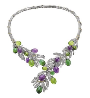 High jewellery necklace in white gold with 7 peridots (47.84 carat), 7 amethysts (43.47 carat), 6 tourmalines (42.69 carat), fancy color pavé diamonds (3.85 carat), round brilliant cut diamonds and pavé diamonds (29.75 carat), BVLGARI