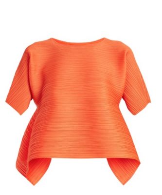 This structural orange top from the Pleats Please Issey Miyake collection makes a strong statement. Pair with navy cropped culottes for the office and with wool and silk blend cigarette trousers for evening attire.