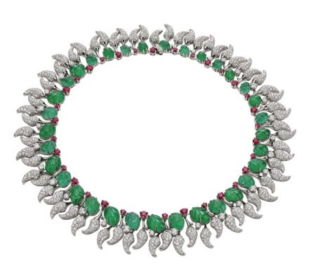 High jewellery necklace in platinum with emeralds (77.92 carat), round rubies (6.98 carat), round diamonds and pavé diamonds (34.30 carat), BVLGAR