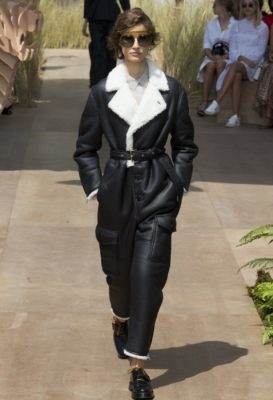 The boiler suits of the autumn/winter17 ready-to-wear collection carried over into a super luxe leather and shearling version inspired by British aviator Amy Johnson.