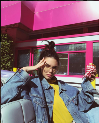 Little method is involved with model Kendall Jenner's fly away version apart from the pink hair tie which offers a pinch of panache. Burger, glasses and pink background optional.