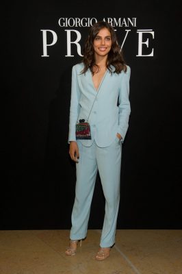 Giorgio Armani: Israeli fashion model from Tel Aviv, Shlomit Malka looked quite incredible in a matching baby-blue pant suit, which she wore with stunning, strappy heels and an understated, yet colourful, across-the-body clutch.