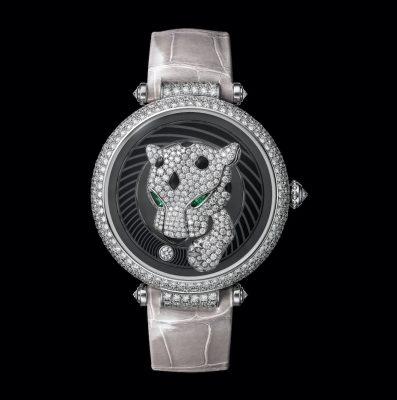 Cartier’s Panthère Joueuse showcases a playful panther with an outreached paw that follows a diamond-set ball around the dial. The ball indicates the hours, and the paw, the minutes. Set with 254 brilliant-cut diamonds and complete with lacquer spots and emerald eyes.