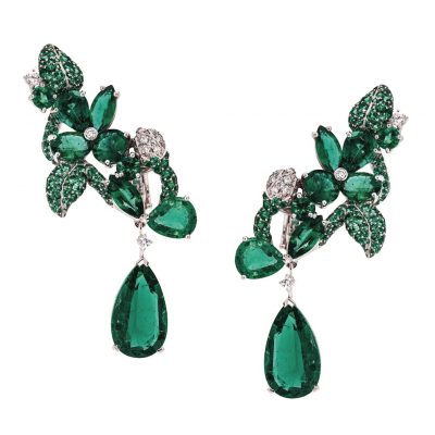 Elegant and majestic, Faberge’s deep emerald foliage earrings are fit for any royal occasion. These splendid creations should be on display, so be sure to wear your hair up for a bold impact.