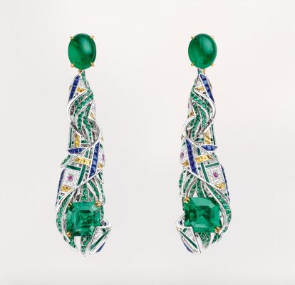 Chaumet’s stunning pendant earrings from the decadent Pastorale Anglaise collection combine crystal-clear emeralds with shocking doses of sunshine-yellow, burnt-pink and royal-blue.