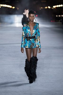 The Glamour Update: Dresses were shunned in favour of glossed over pants punctuated with embellished belts and heritage print, jacquard playsuits.