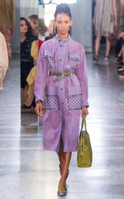 Purple Reign: Swathes of lilac came down the runways in a wide scope of fabrics from soft and sheer silk and chiffon to tactile suede and leather. Image credit: Bottega Veneta.