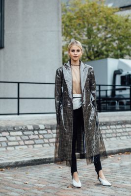 High-shine outerwear is all the rage this autumn. Look to coats with practical finishes such as Miu Miu's plastic trench that will keep the rain at bay.