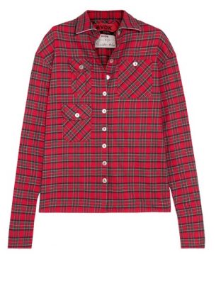 Soft cotton-flannel is merged with French seams in the form of this red tartan shirt by Ronald Van Der Kemp. Try open over a white tee with rolled up sleeves or, like Lawrence, knotted over the waist.