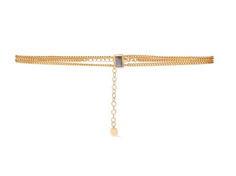 Chan Luu’s gold-tone labradorite choker comprises two delicate gold-tone chains. The piece can be adjusted using a lobster clasp for a comfortable fit. Layer with other slim gold necklaces to achieve Lawrence’s look.