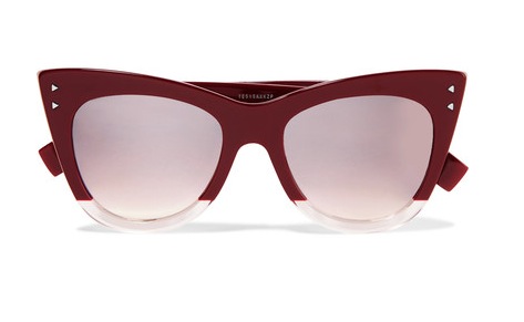 Cat-eye sunglass shapes suit heart-shaped faces like Lawrence, as well as celebrities Kate Hudson and Karlie Kloss. This burgundy pair by Fendi have faded lenses that are completed with silver arrows