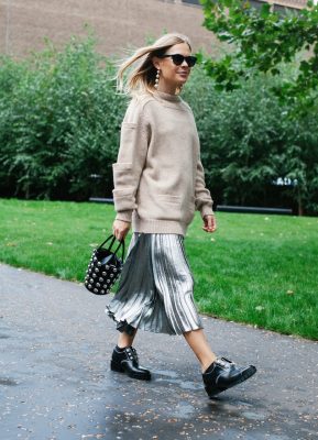 The 21st Century’s technology-fuelled youth are incorporating the recent space-age revival into various metallic separates, from galaxy-blue foil trousers to swishy skirts in metallic silver. A turtleneck in bright white or stone-grey will carefully complement this bold look