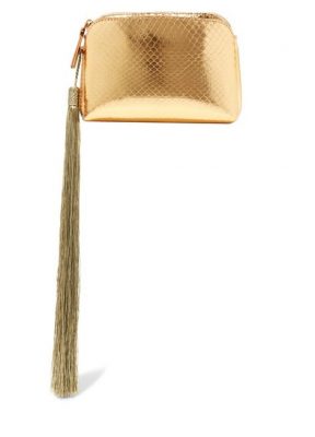 Meticulous craftsmanship is showcased with The Row’s wristlet mini tassled metallic ayers clutch. Made in Italy, gleaming gold fabric is married with a suede lining that’s fitted with two slit pockets.