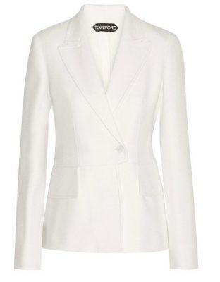 This ivory blazer by Tom Ford is double-breasted, which cinches and slims your silhouette. Formal matching trousers or skirts look great with this wool-blend twill style, but it also suits jeans and a more casual trouser.