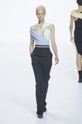 Haider Ackermann: A focus on precision tailoring with a mix of well-designed suits, coats and jumpsuits formed the backbone of Ackermann's collection. Sherbet shades were blended with black to add a fresh seasonal spin to the designs, while asymmetrical shoulders were referenced throughout.