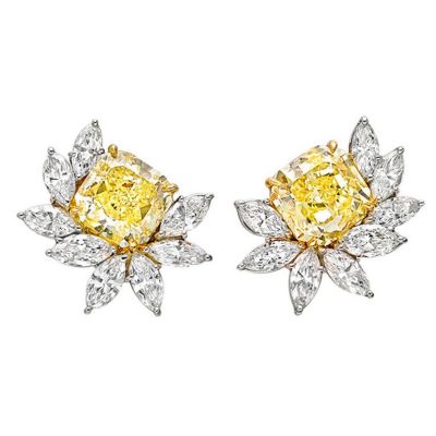 Harry Winston Important Fancy Yellow and White Diamond Floral Cluster Earclips