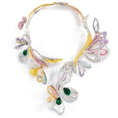Boucheron Bouquet d’Ailes Necklace with emeralds, diamonds, sapphires, morganites, tourmalines, white, pink and yellow gold