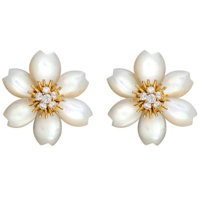 Van Cleef & Arpels Rose de Noel earrings with mother-of-pearl, diamonds and gold