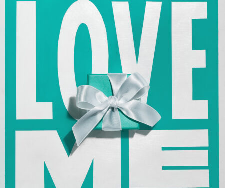 Tiffany & Co. blue box on canvas with "Love Me" print
