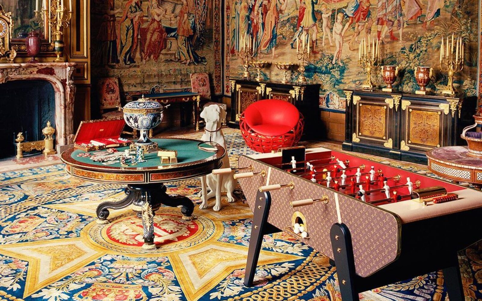 Louis Vuitton products in the ballroom of a French chateau