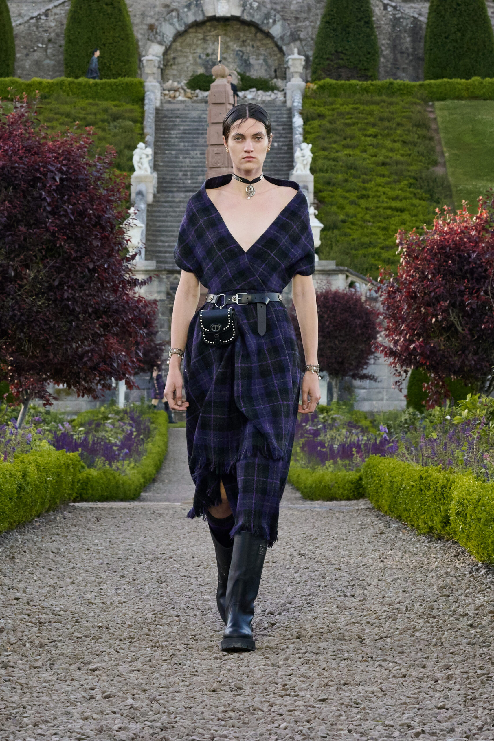 Dior Cruise 2025 Woman Tartan Dress Garden Scotland